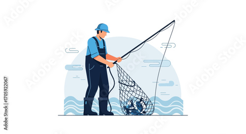 Fisherman Capturing a Bountiful Catch, Depicted in a Minimalist Illustration