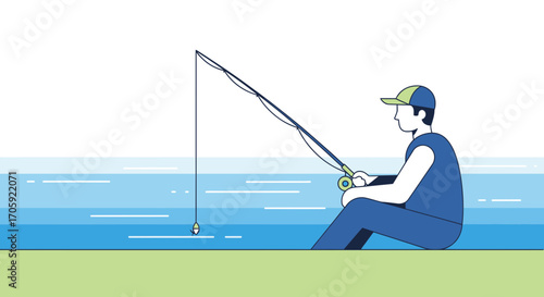 Fisherman Casting A Line Into The Water, Relaxing With Fishing Rod For Fresh Catch