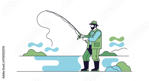 Fisherman Casting And Fishing In Calm Waters, Enjoying Tranquility And Recreational Activity