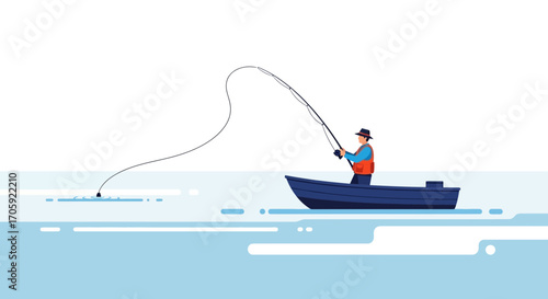 Fisherman Casually Fishing On A Rowboat During A Sunny Day At Sea