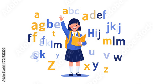 Happy Child Reading Book Surrounded By Letters Raising Hand In Positive Learning Environment