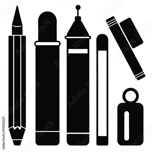 Minimalist rendering shows black stationery icons including pen, markers, sharpener, and eraser