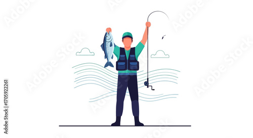Fisherman Celebrating Successful Catch on Calm Waters Under Cartoonish Clouds
