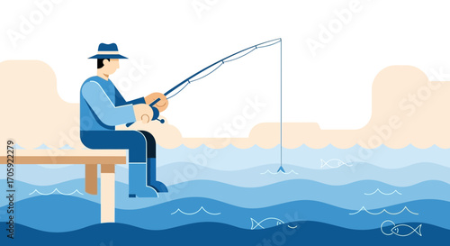 Fisherman Enjoying Peaceful Fishing On The Pier With Simple Minimalistic Illustration