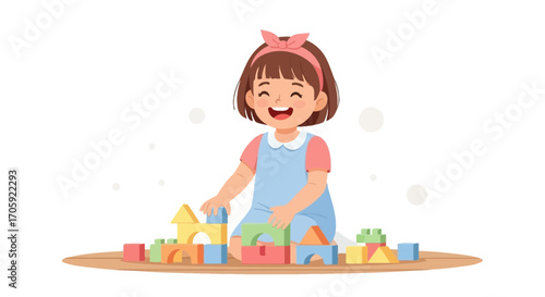 Happy Child Plays With Colorful Wooden Blocks And Expresses Delightful Moments Of Joy