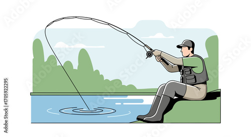 Fisherman Enjoying Solitude While Casting A Line For An Afternoon Of Relaxation