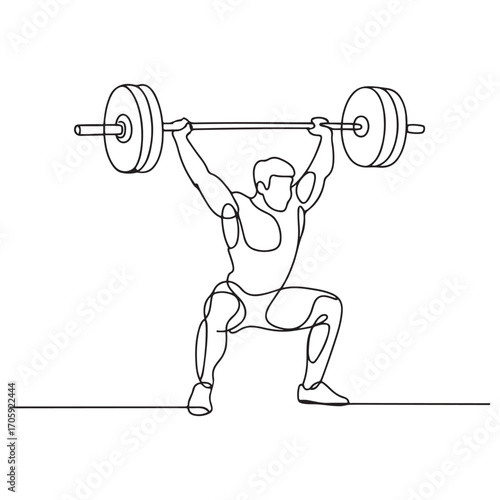 One continuous line Art drawing of young bodybuilder man doing exercise with a heavy weight bar in gym. Powerlifter train weightlifting concept. with white background
