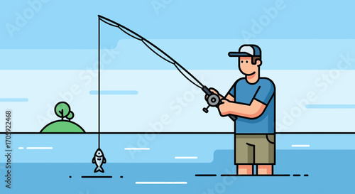Fisherman Enjoying The Tranquility While Fishing Near An Island, With Minimalist Style