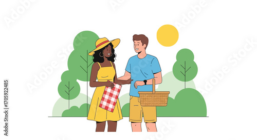 Happy Couple Planning A Relaxed Date In The Park With Picnic Basket And Blanket