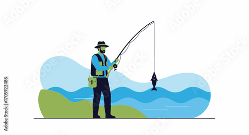 Fisherman Fishing Illustrative Design For Outdoor Recreation And Hobbyist Activities