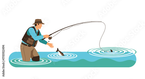 Fisherman Fishing With A Rod And Reel While Standing In Refreshing Water