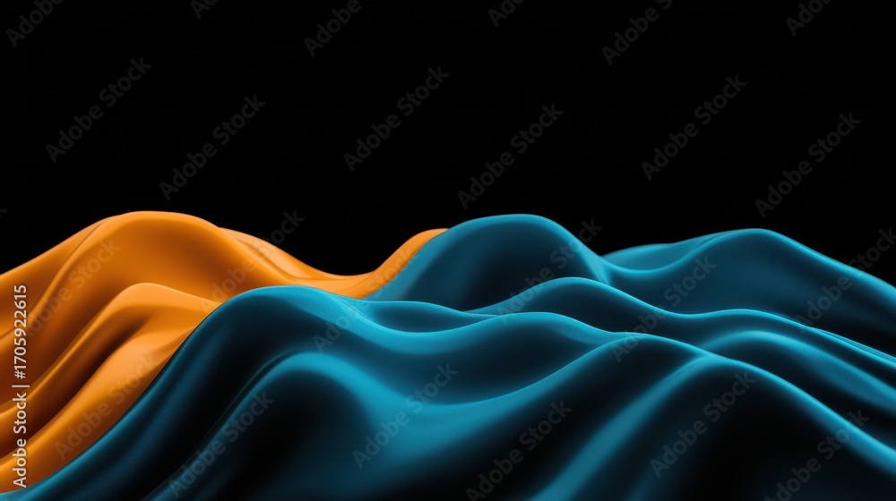 Obraz premium A vibrant display of smooth, flowing fabric in orange and blue waves against a dark background, creating a dynamic and visually striking composition.