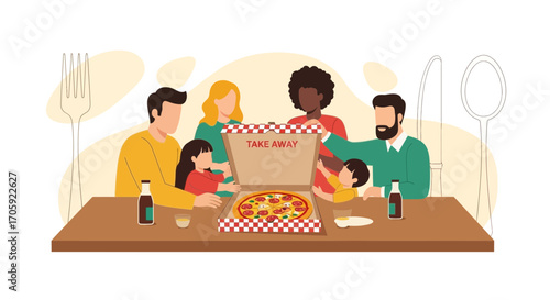 Happy Family Gathering Around Open Pizza Box, Sharing Food And Drink Together Inside