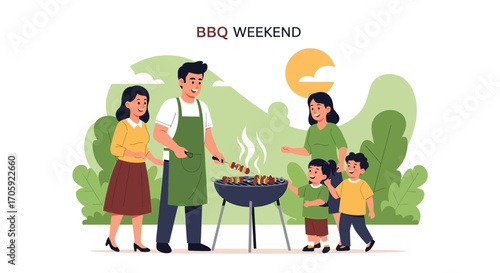 Happy Family Grilling Barbecue Outdoors During A Sunny Weekend Afternoon Celebration