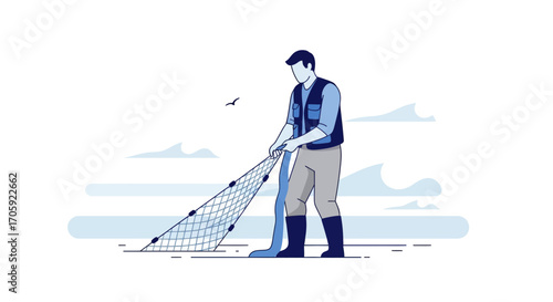 Fisherman in Ocean: A Detailed Illustration Characterized by Professional, Fresh, and Unique Designs