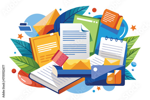 A colorful illustration featuring organized documents, envelopes, and office supplies arranged neatly on a white background
