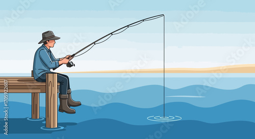 Fisherman On Wharf, Angling And Waiting For Fish In Calm Waters On A Sunny Day