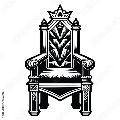 Elaborate throne with regal crown displays intricate linework in black and white