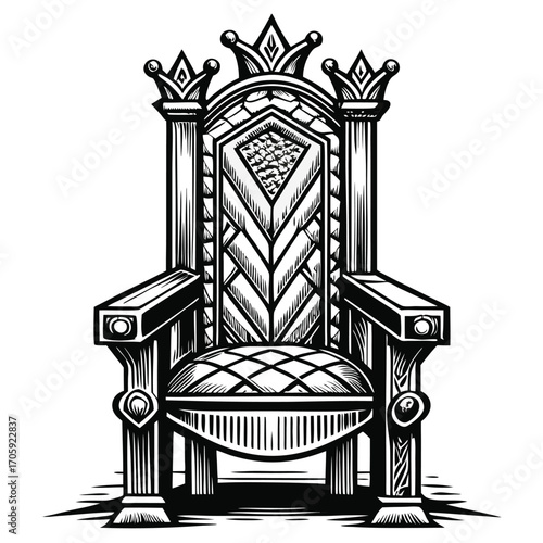 Ornate royal throne with a crown on the top shows an iconic seat illustration