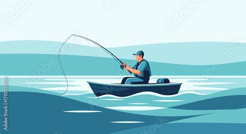 Fishing On The Calm Waters, Relaxing Pastime And Simple Pleasure Of Catching Fish