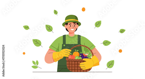 Happy Farmer Presents Abundant Harvest in Cozy Style with Vibrant Fruit Basket Display
