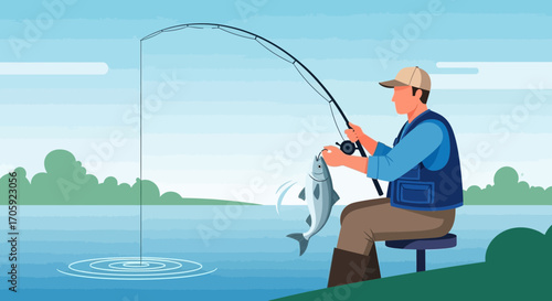 Fishing Illustration Of A Fisherman With A Very Excited Catch By Calm Waters
