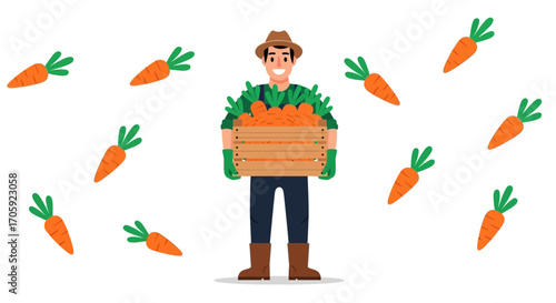 Happy Farmer Presenting Wooden Crate Filled With Fresh Carrots Vegetables Harvest