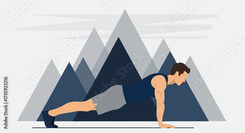 Fitness Push Up With Mountain Background, A Healthy Lifestyle Is Achieved With Regular Exercises