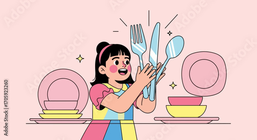 Happy Girl Shining Cutlery: Dinnerware Ready, Clean and Smiling, Kitchen Scene Illustrated.