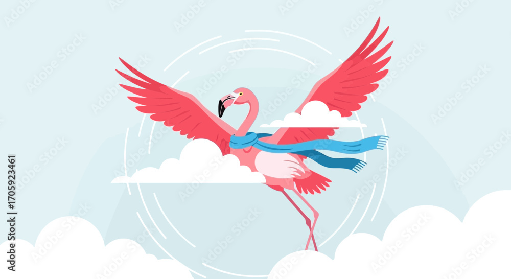 Naklejka premium Flamingo Soaring Through The Sky With Elegance Above Clouds, A Colorful Illustration