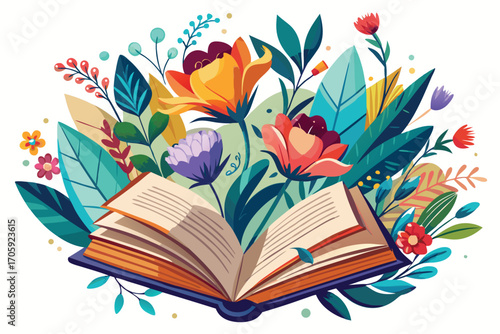 Open book surrounded by vibrant stylized flowers and foliage creates a visually appealing composition