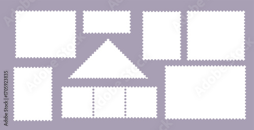  Blank mail frames with squiggly perforated borders.  Retro postage stamp set.Vector postmarks and postal shapes isolated on background. Flat paper design for packaging and branding.

