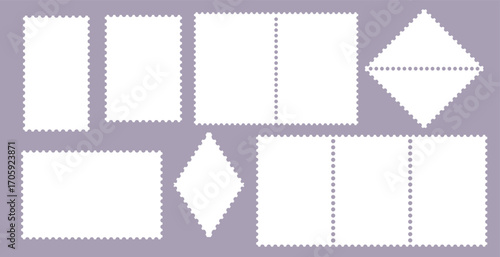 Vector set of blank postage stamps. Empty mail frames with perforated borders. Collection of postal shapes and paper postmarks isolated on white background. Flat design template.