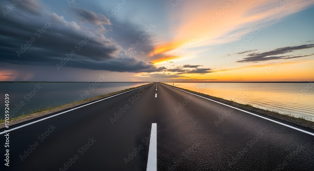 Naklejka premium A tranquil and long open road with a peaceful sky