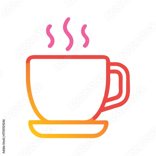Simple outline of steaming coffee cup with saucer in orange gradient  