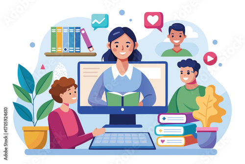 Young woman connects with friends while studying online from home using a computer