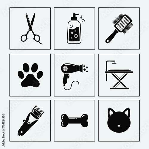 Pet grooming icons in a grid layout