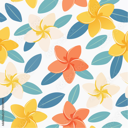 Seamless Tropical Floral Pattern With Plumeria Flowers And Leaves On White Background
