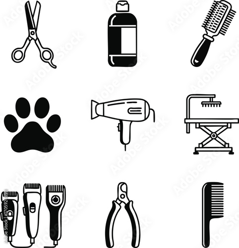 Pet grooming icons set. Includes scissors, shampoo, brush, paw print, hair dryer, grooming table, clippers, nail clippers, and comb