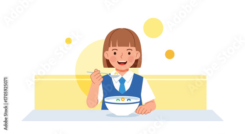 Happy Schoolgirl Eating Breakfast Cereal, A Wholesome Start, Good Nutrition Concept