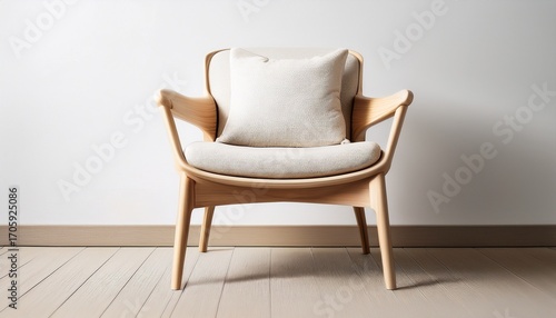 elegant minimalistic light wood armchair with soft cushion on a white background