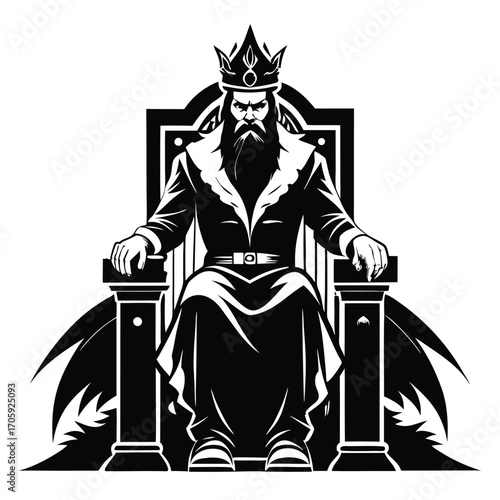 Bearded king wearing a crown is sitting sternly on his throne in black and white