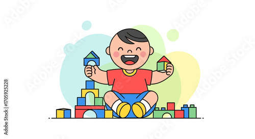 Happy Toddler Building With Colorful Blocks In A Vibrant And Playful Illustration