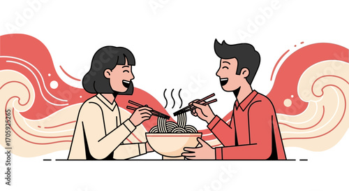 Joyful Couple Enjoying Delicious Noodles With Chopsticks in a Whimsical Setting
