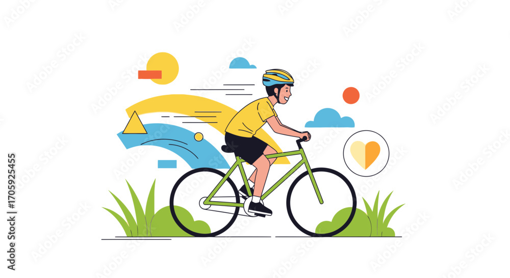 Fototapeta premium Joyful Cyclist Riding Through a Whimsical Landscape With Bright Colors and Sunny Elements