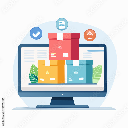 Online Shopping Delivery On Computer Screen With Boxes And Icons
