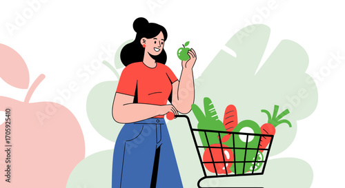 Happy Woman Shopping For Fresh Groceries With a Full Cart For Healthy Lifestyle
