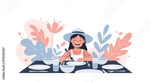 Happy Woman Ready To Eat At Dinner Table With Floral Background Decoration