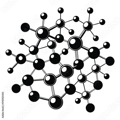Interconnected monochrome molecule displays a network system on a simple white background artfully presented