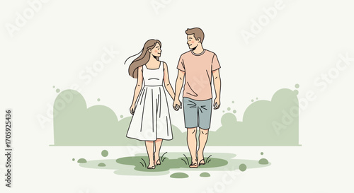 Joyful Couple Strolling Together Outdoors, Holding Hands, Illustrating Carefree Moments